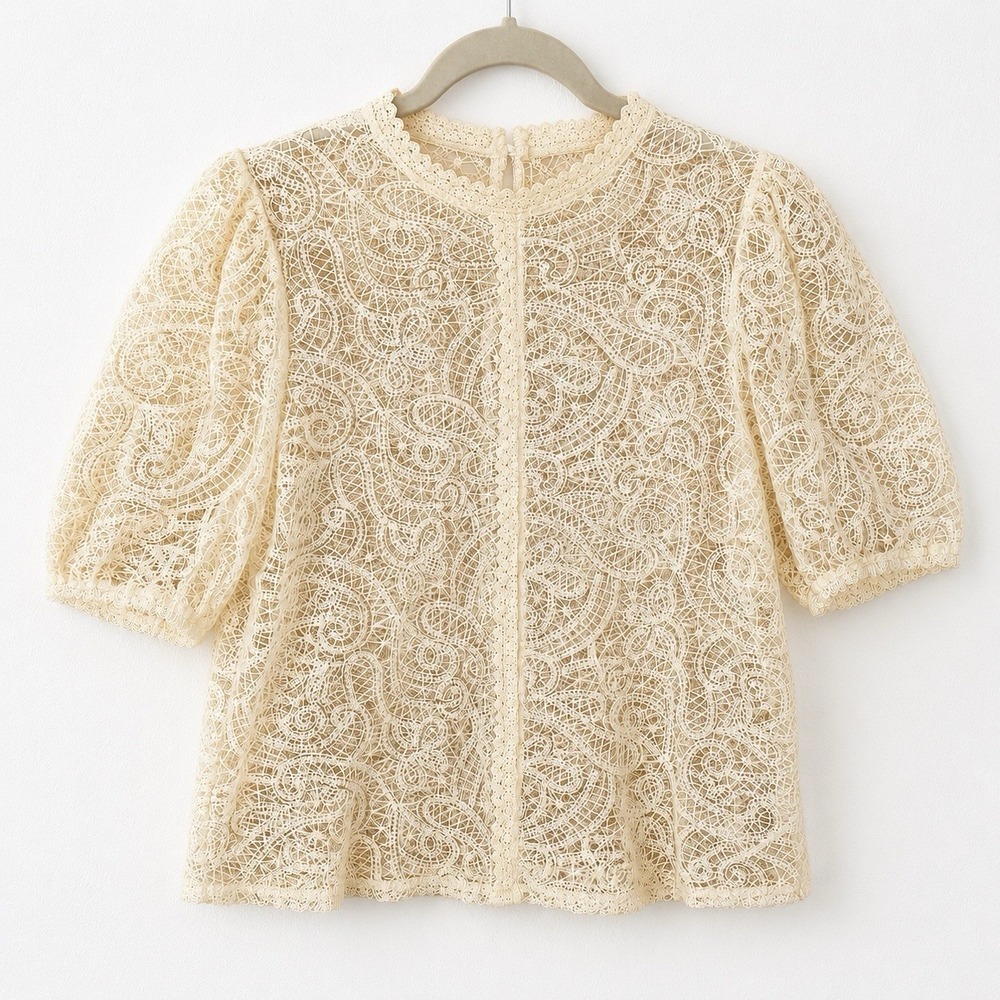 Vintage 70's Lace Blouse Edwardian Revival Short Sleeve High Neck Boho Size S